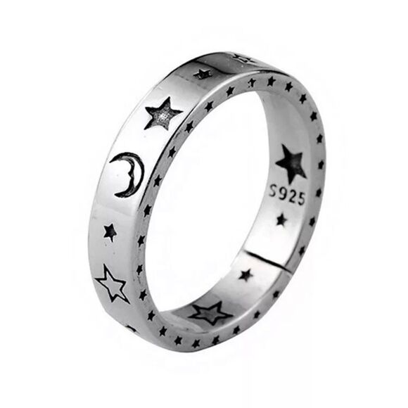 Open Moon, Emoji, Lightning, and Stars Silver Plated Band Ring - Picture 1 of 8